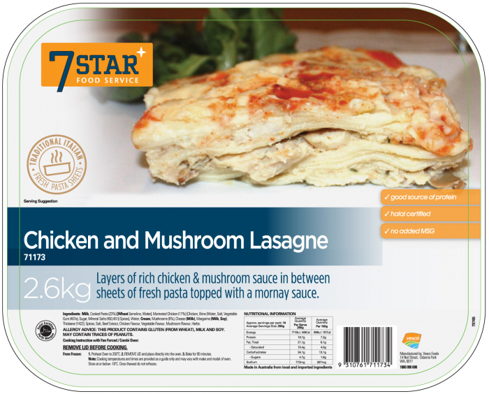7 STAR CHICKEN & MUSHROOM LASAGNE 2.6KG Brentcorp Foodservice & Bulk Barn